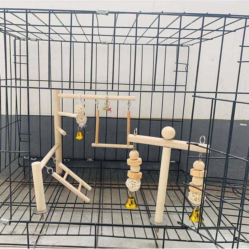 Hamiledyi Natural Wood Bird Play Gym for Small Birds, Parakeet Cockatiel Playstand with Perch, Ladder & Swing Toys for Cage Top(Style B) - Image 3