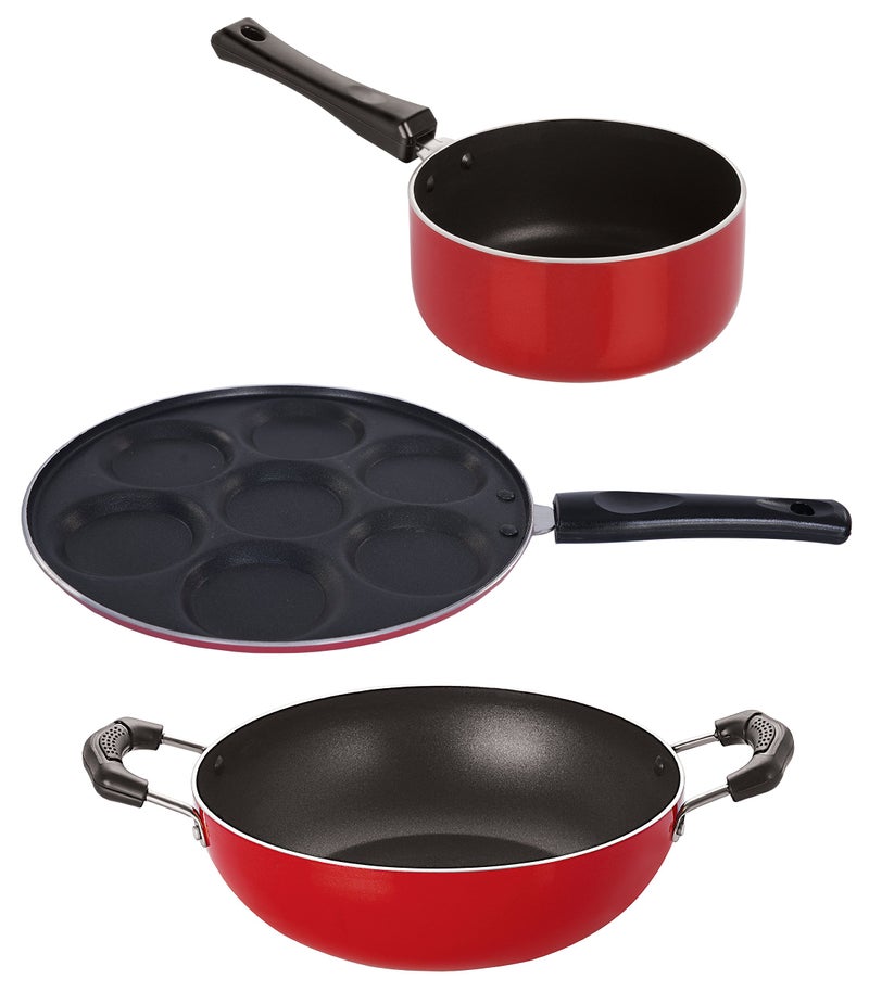 Nirlon Bpa Free 3 Piece Kitchen Cookware Non-Stick Set with Steel Lid, 2.6mm_KD12_SP(B)_UP(7) - Image 3