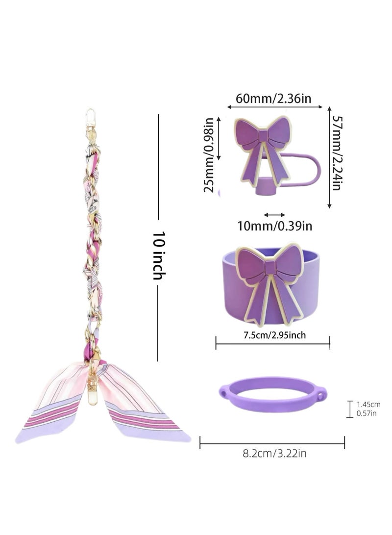 JOSQUEWNN Stanley Cup Accessories Set, Bow Straw Toppers,Silk Scarf Water Cup Hand Strap With Large Bow Straw Cap, Straw Cover Boots For Stanley, Silicone Straw Toppers For Tumblers, Bow Cup Accessories For 20 And 30 And 40oz,Purple.  - Image 2