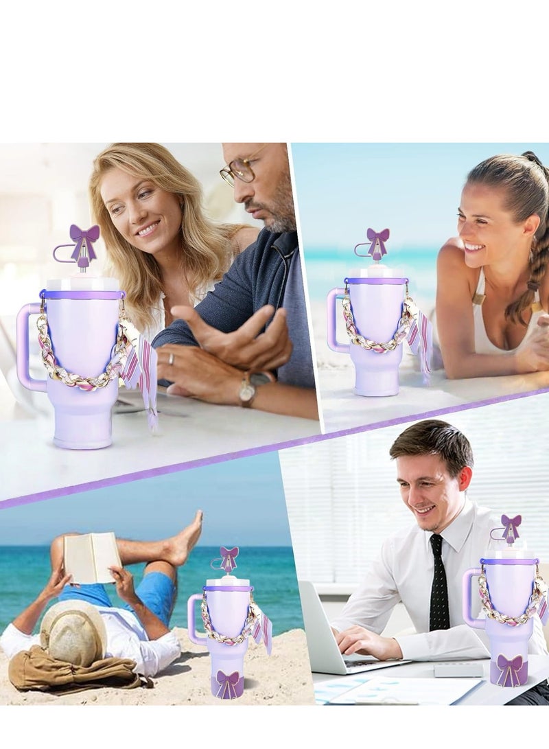 JOSQUEWNN Stanley Cup Accessories Set, Bow Straw Toppers,Silk Scarf Water Cup Hand Strap With Large Bow Straw Cap, Straw Cover Boots For Stanley, Silicone Straw Toppers For Tumblers, Bow Cup Accessories For 20 And 30 And 40oz,Purple.  - Image 4