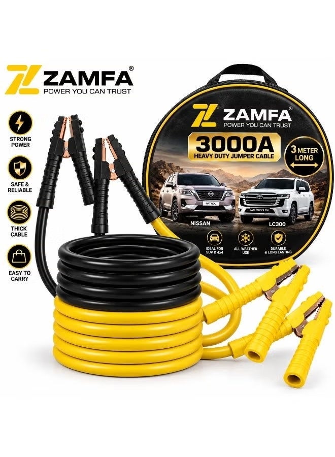 زامفا كابلات تشغيل بطارية السيارة ZAMFA بقوة 3000 أمبير (شديدة التحمل) وطول 3 أمتار | كابلات طوارئ من النحاس الخالص | مناسبة لسيارات الدفع الرباعي (SUV) والشاحنات والمركبات التجارية (مثل لاند كروزر) | تدعم أنظمة 12 و24 فولت | آمنة ضد عكس القطبية | تصميم مقاوم للتشابك مع حقيبة حمل - الإمارات - Image 1
