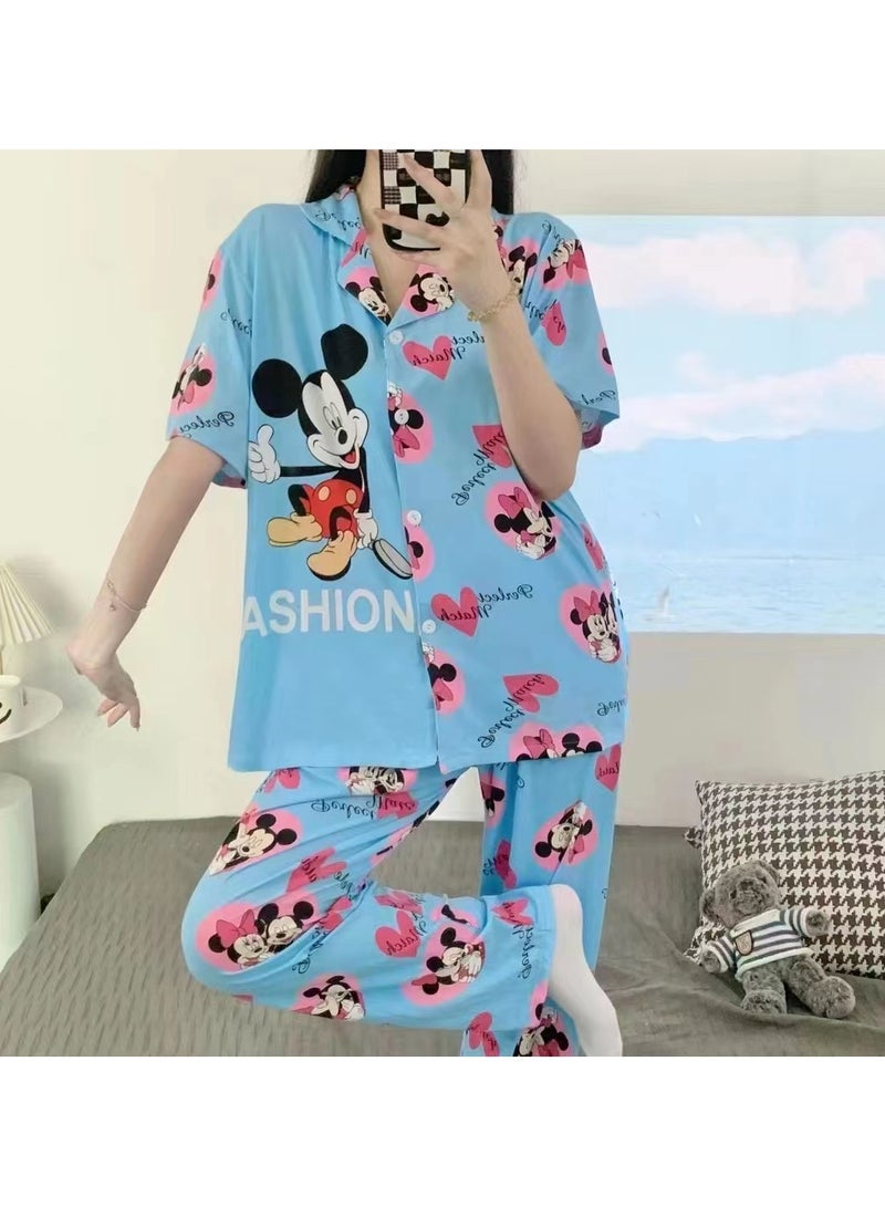 DubaiGallery Satin Pajamas Cute Pijama Nightie Sleepwear Fall Home Clothes Tops and Pants Women's Silk Pajamas Mickey Mouse Pajama Set Women