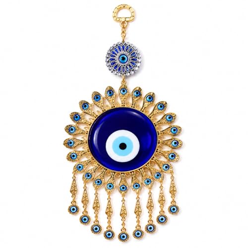 BLUE BEADS Golden Evil Eye Wall Hanging – Handmade Metal & Glass Nazar Amulet for Home & Office Décor | Luxury Good Luck for Positive Energy (Sun Charm Design) - Image 1