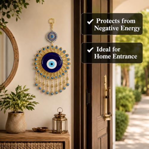BLUE BEADS Golden Evil Eye Wall Hanging – Handmade Metal & Glass Nazar Amulet for Home & Office Décor | Luxury Good Luck for Positive Energy (Sun Charm Design) - Image 3