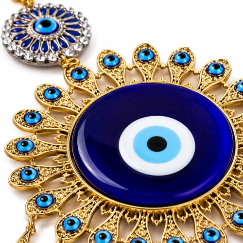 BLUE BEADS Golden Evil Eye Wall Hanging – Handmade Metal & Glass Nazar Amulet for Home & Office Décor | Luxury Good Luck for Positive Energy (Sun Charm Design) - Image 2