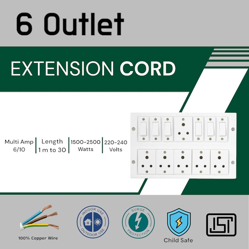 BITCORP BITCORP Extension Box 6A 10A 13A 6 Socket 6 Switch 2500W Surge Protection High Load Capacity with 1 Meter Long Wire Cord for Charger Heater Washing Machine White  - Image 2
