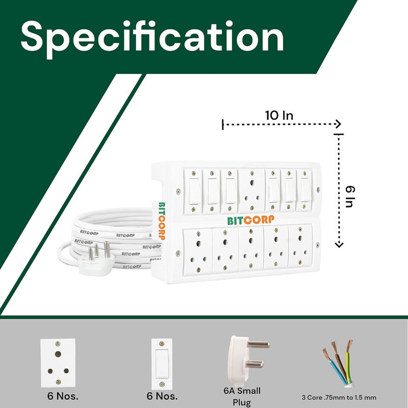 BITCORP BITCORP Extension Box 6A 10A 13A 6 Socket 6 Switch 2500W Surge Protection High Load Capacity with 1 Meter Long Wire Cord for Charger Heater Washing Machine White  - Image 3