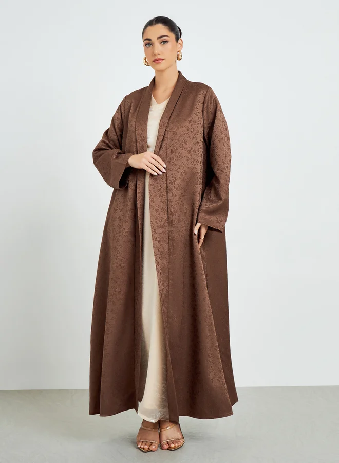 Amirah  Brown Jacquard Front Open Abaya for Women | Best Price UAE