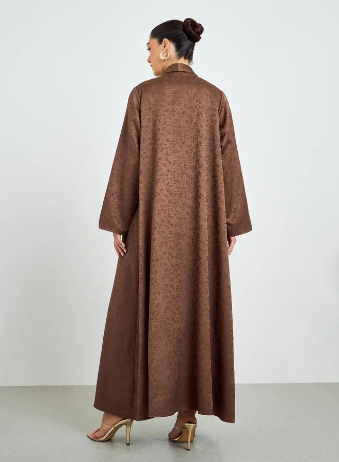 Amirah  Brown Jacquard Front Open Abaya for Women | Best Price UAE