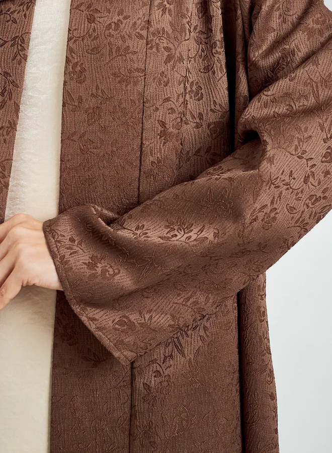 Amirah  Brown Jacquard Front Open Abaya for Women | Best Price UAE