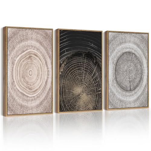 PHOPAGO Vintage Wood Tree Rings Wall Art Farmhouse Rustic Framed Canvas Paintings Living Room Bedroom Decor Nature Artwork 11x14in Natural Framed - Image 1