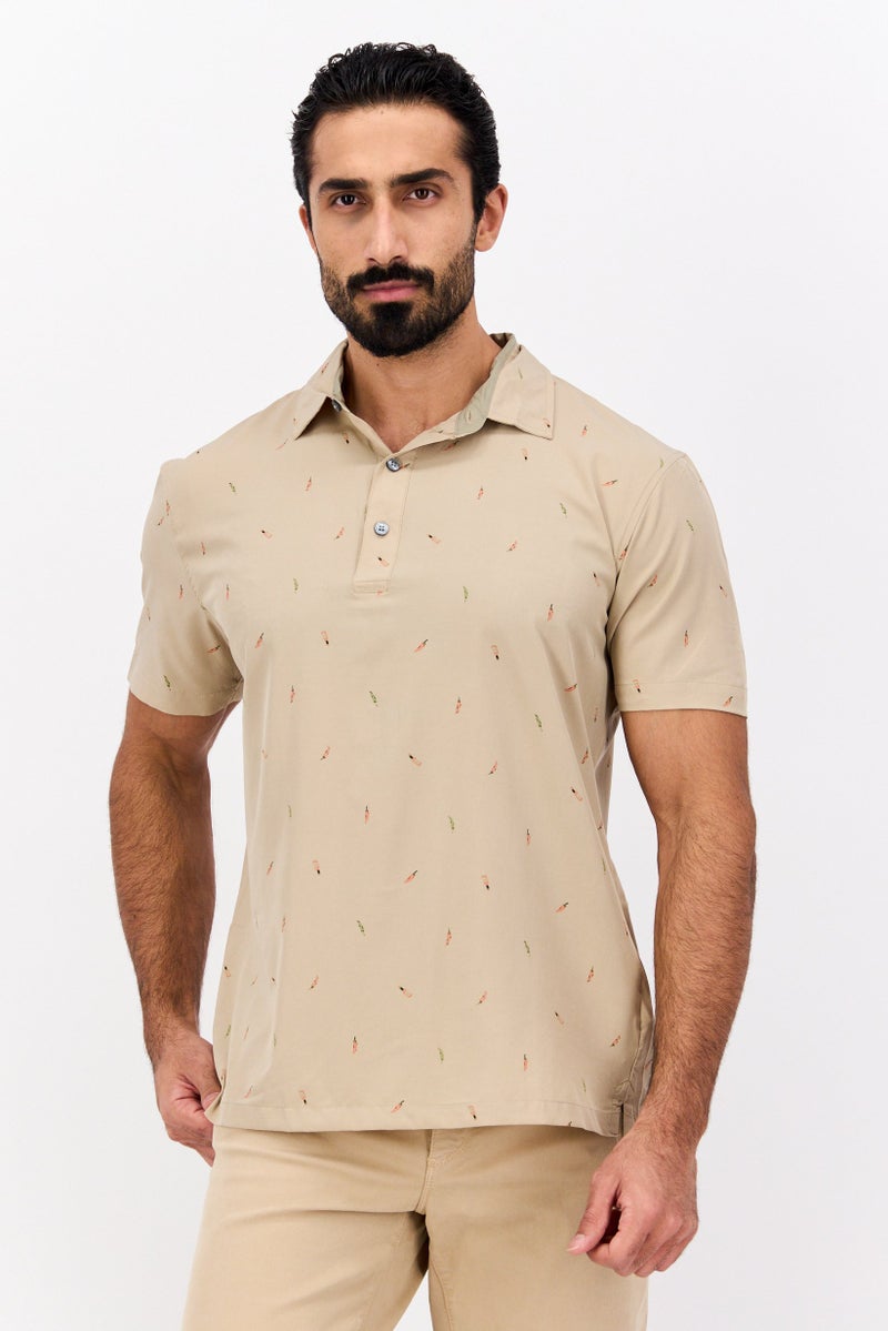 Jachs New York Men Regular Fit Allover Print Short Sleeves Polo, Tan - Image 1