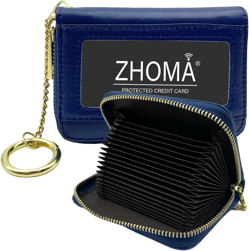 ZHOMA RFID Blocking Genuine Leather Credit Card Case Holder Security Travel Wallet With Removable Keychain ID Window (NEW) - Blue 01 - Image 1