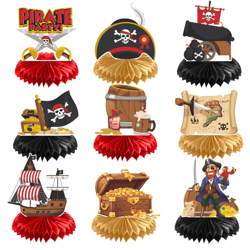 Gameza Pirate Party Decorations 9PCS Pirate Birthday Party Honeycomb Centerpieces Table Decor Baby Shower Table Decoration Supplies Kids Boys - Image 3