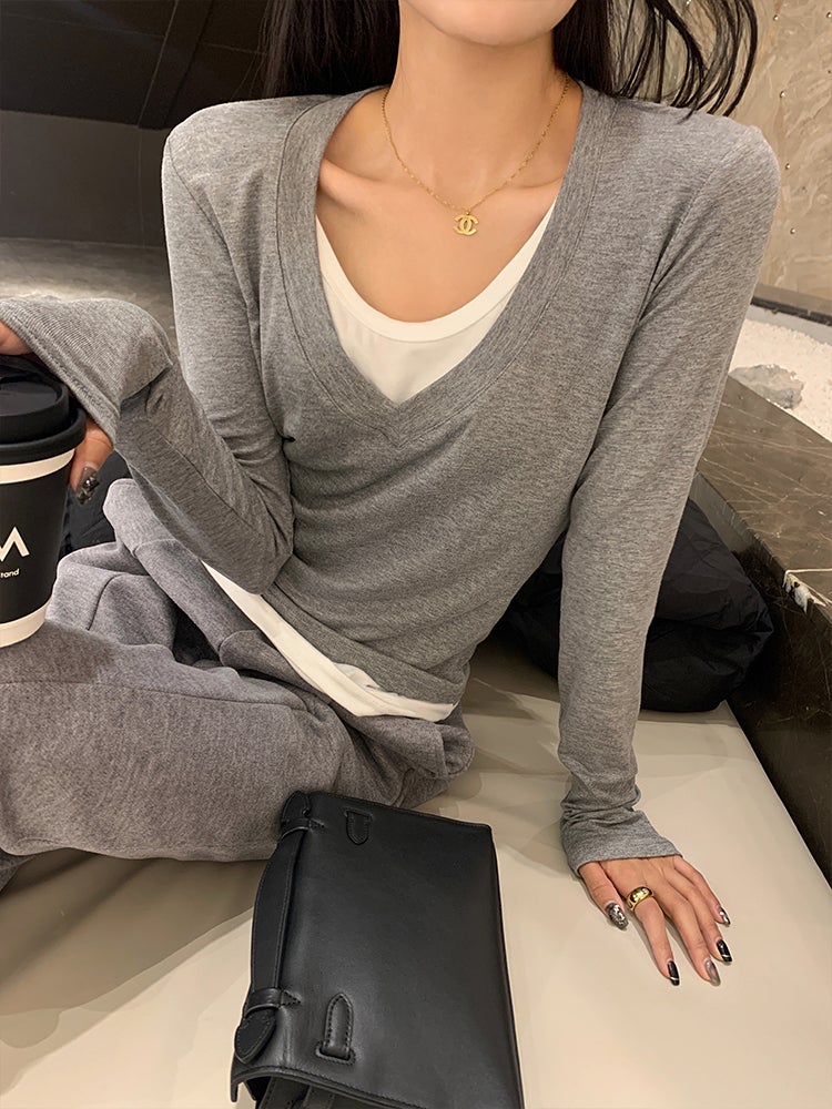 2024 T-Shirt Women'S Korean Style Comfortable Loose V-Neck Slimming Fake Two-Piece Design All-Match Long-Sleeved Top - Image 4