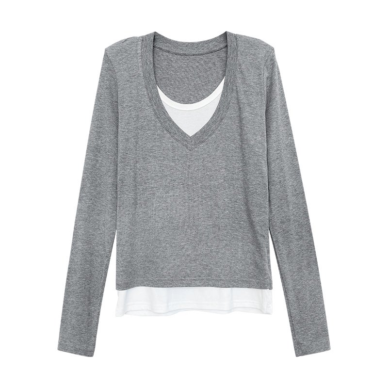 2024 T-Shirt Women'S Korean Style Comfortable Loose V-Neck Slimming Fake Two-Piece Design All-Match Long-Sleeved Top - Image 1