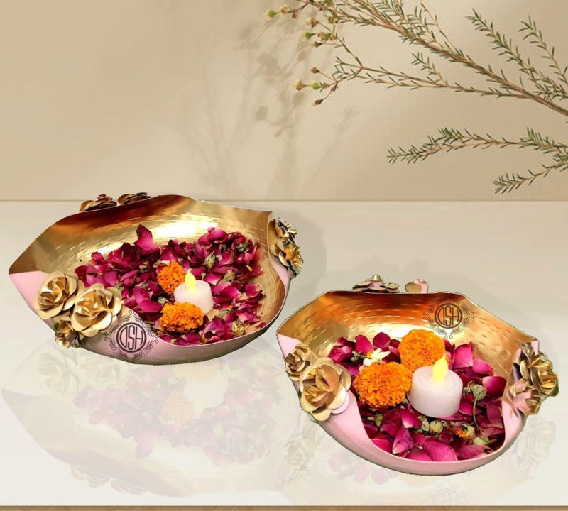 DSH Modern Urli Bowl for Floating Flowers and Candles Home, Designer Table Decor (Pink and Gold)- Set of 2 - Image 1