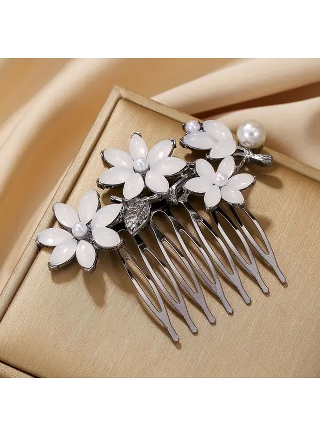Gun Black White Flower Hair Comb Vintage Ethnic Style Metal Alloy with Pearl Flowers Women Daily Hair Accessories - Image 3