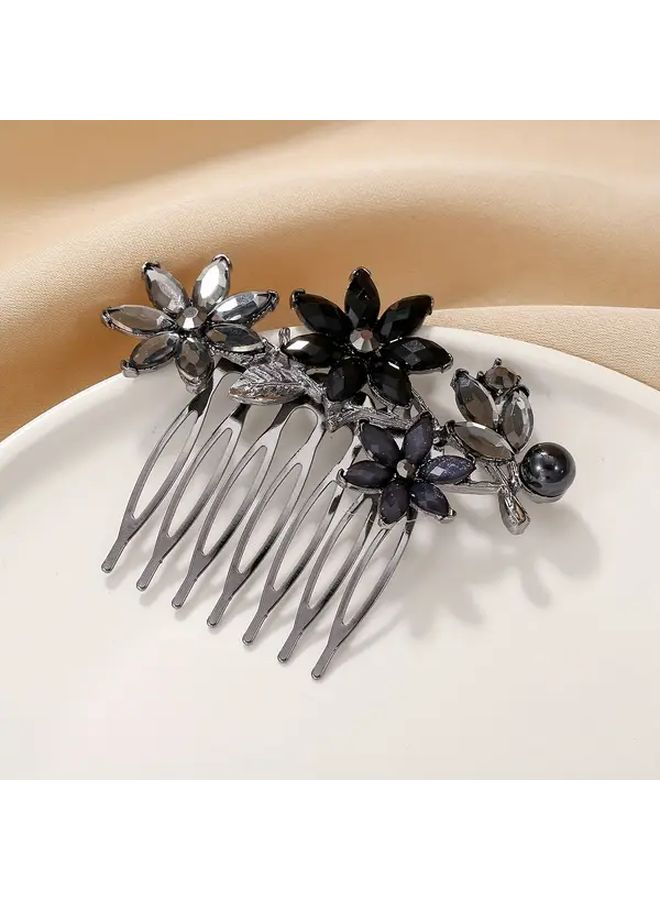 Gun Black White Flower Hair Comb Vintage Ethnic Style Metal Alloy with Pearl Flowers Women Daily Hair Accessories - Image 2