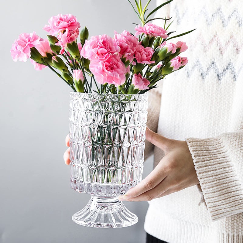 7 Inch Modern Glass Vase with Embossed Ribbed Base Clear Hydroponic Design for Home Decor Weddings Party Living Room Dining Table Floral Arrangement Centerpiece