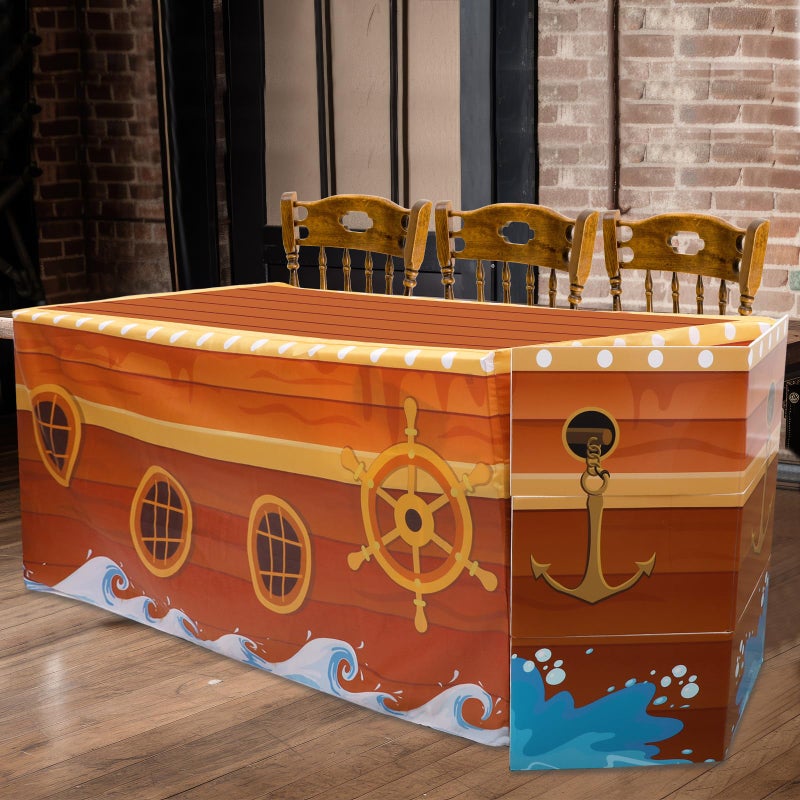 Bornerwhite 72x30 Inches Pirate Party Tablecloth Pirate Ship Table Cover with 3 Pcs Prow Cardboard for Halloween Jungle Adventure Nautical Party Birthday Graduation Favors Supplies Decorations - Image 1