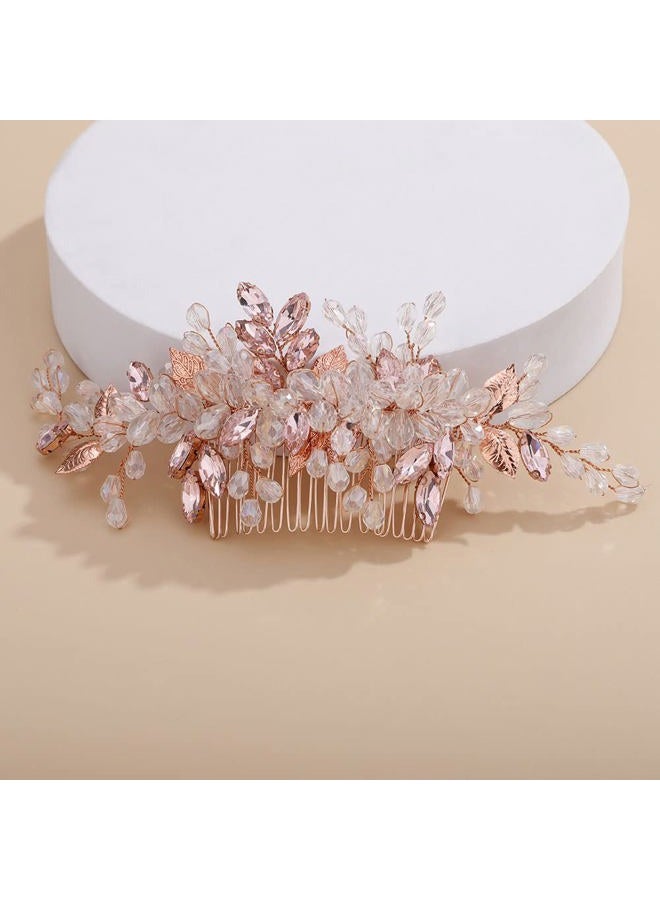 Chargances Wedding Crystal Hair Comb Bridal Leaf Pearl Hair Vine Side Comb Rhinestone Beaded Hair Accessories Headpiece for Wedding Prom Festival Bridesmaid for Women - Image 1