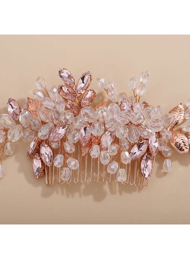 Chargances Wedding Crystal Hair Comb Bridal Leaf Pearl Hair Vine Side Comb Rhinestone Beaded Hair Accessories Headpiece for Wedding Prom Festival Bridesmaid for Women - Image 3