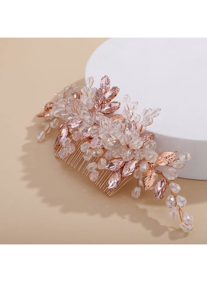 Chargances Wedding Crystal Hair Comb Bridal Leaf Pearl Hair Vine Side Comb Rhinestone Beaded Hair Accessories Headpiece for Wedding Prom Festival Bridesmaid for Women - Image 5