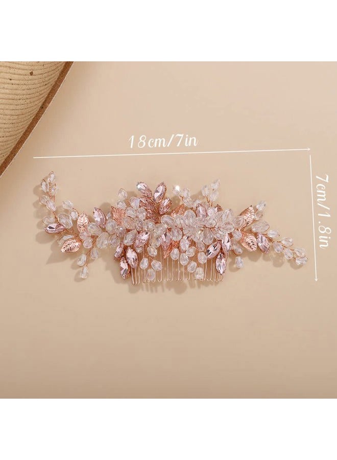 Chargances Wedding Crystal Hair Comb Bridal Leaf Pearl Hair Vine Side Comb Rhinestone Beaded Hair Accessories Headpiece for Wedding Prom Festival Bridesmaid for Women - Image 2