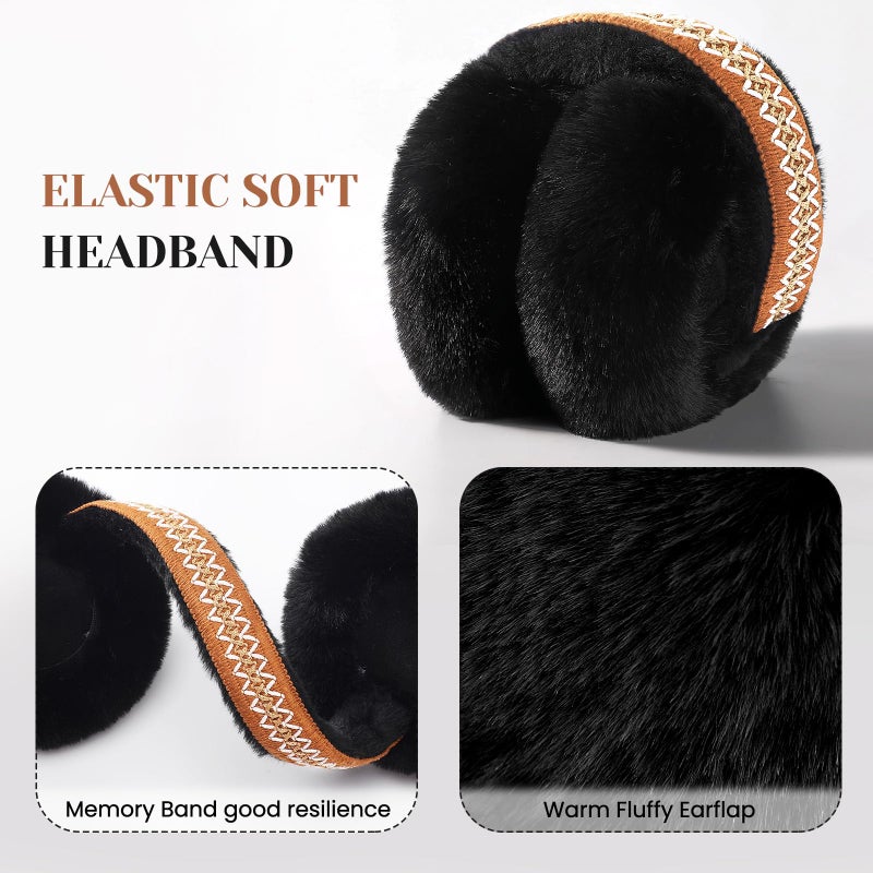Premillow Ear muffs for Women Winter, Faux Fur Earmuffs, Cute Foldable Fluffy Ear Warmers Winter Accessories, Soft Warm Cold Weather Ears Covers for Women Men, Black Ethnic Style - Image 4