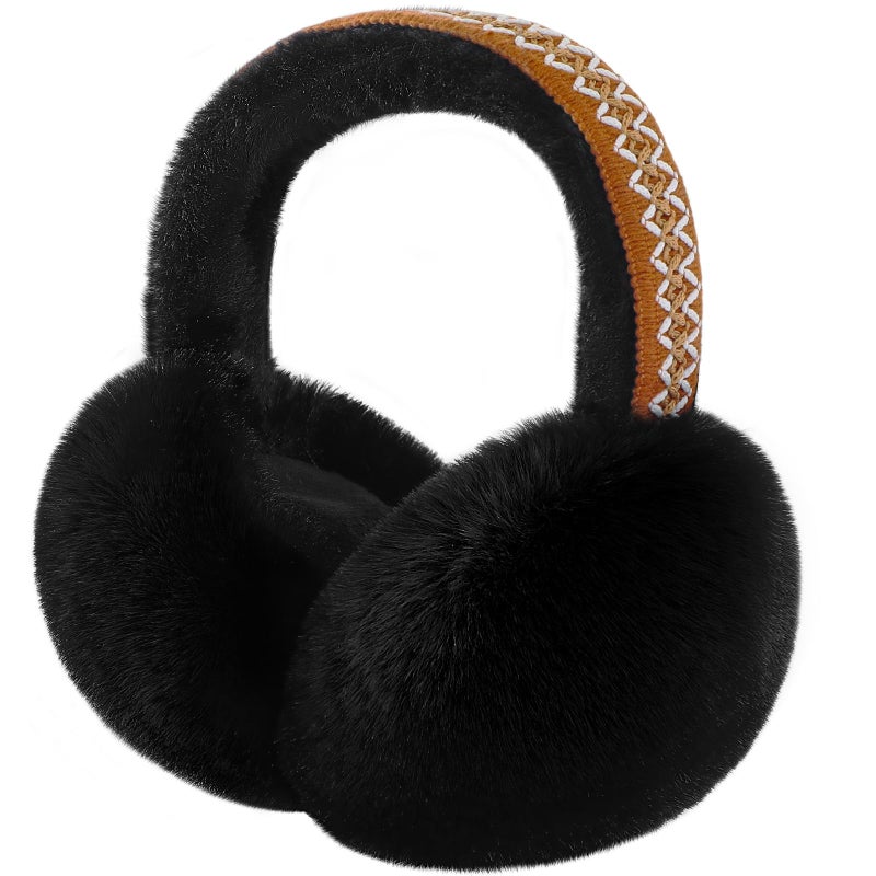 Premillow Ear muffs for Women Winter, Faux Fur Earmuffs, Cute Foldable Fluffy Ear Warmers Winter Accessories, Soft Warm Cold Weather Ears Covers for Women Men, Black Ethnic Style - Image 1