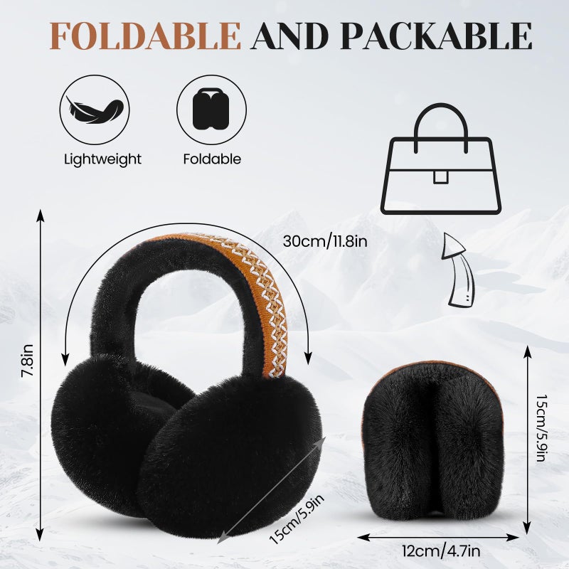 Premillow Ear muffs for Women Winter, Faux Fur Earmuffs, Cute Foldable Fluffy Ear Warmers Winter Accessories, Soft Warm Cold Weather Ears Covers for Women Men, Black Ethnic Style - Image 3