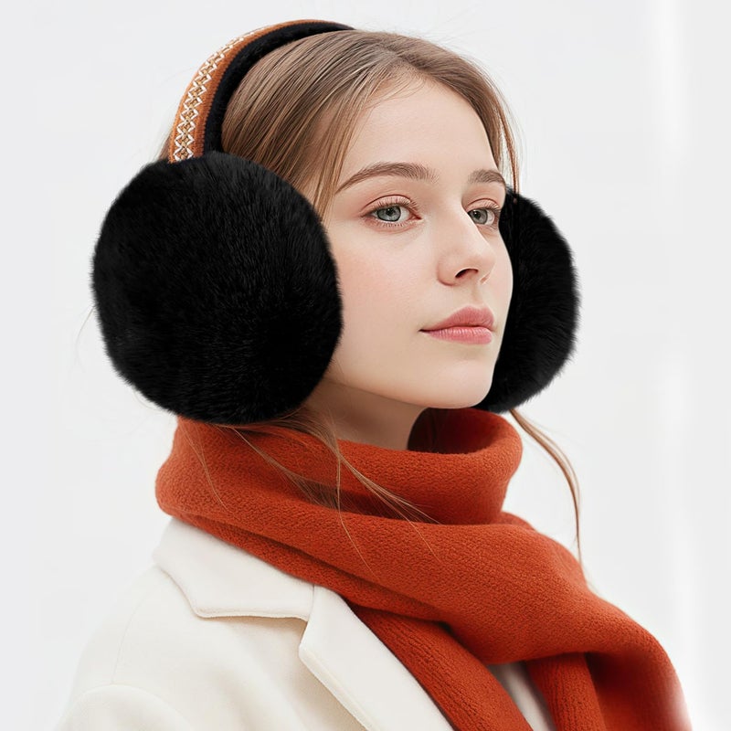 Premillow Ear muffs for Women Winter, Faux Fur Earmuffs, Cute Foldable Fluffy Ear Warmers Winter Accessories, Soft Warm Cold Weather Ears Covers for Women Men, Black Ethnic Style - Image 2