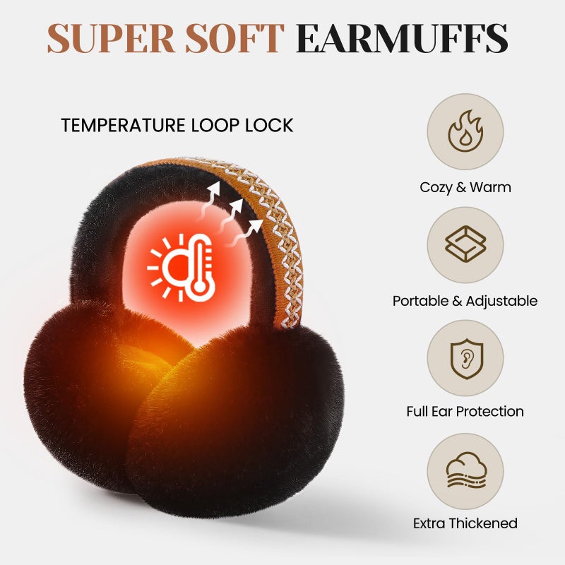 Premillow Ear muffs for Women Winter, Faux Fur Earmuffs, Cute Foldable Fluffy Ear Warmers Winter Accessories, Soft Warm Cold Weather Ears Covers for Women Men, Black Ethnic Style - Image 5