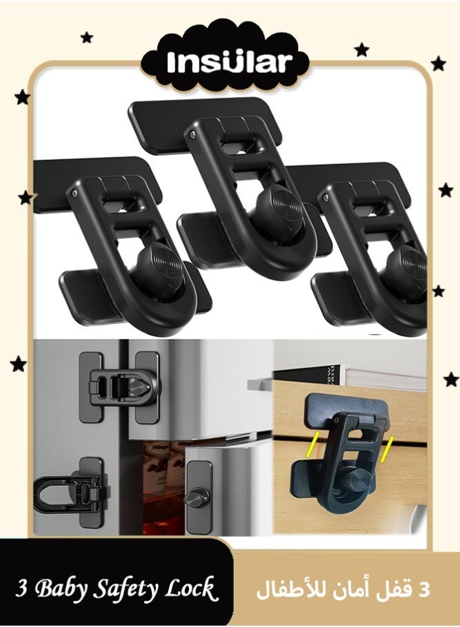 insular 3-Pack Baby Safety Locks, Secure and Convenient Fridge Cabinet Drawer Lock, Child-Safe Refrigerator Lock with Strong Adhesive, No Tools Needed Safety Device for Babies and Pets (Black) - Image 1