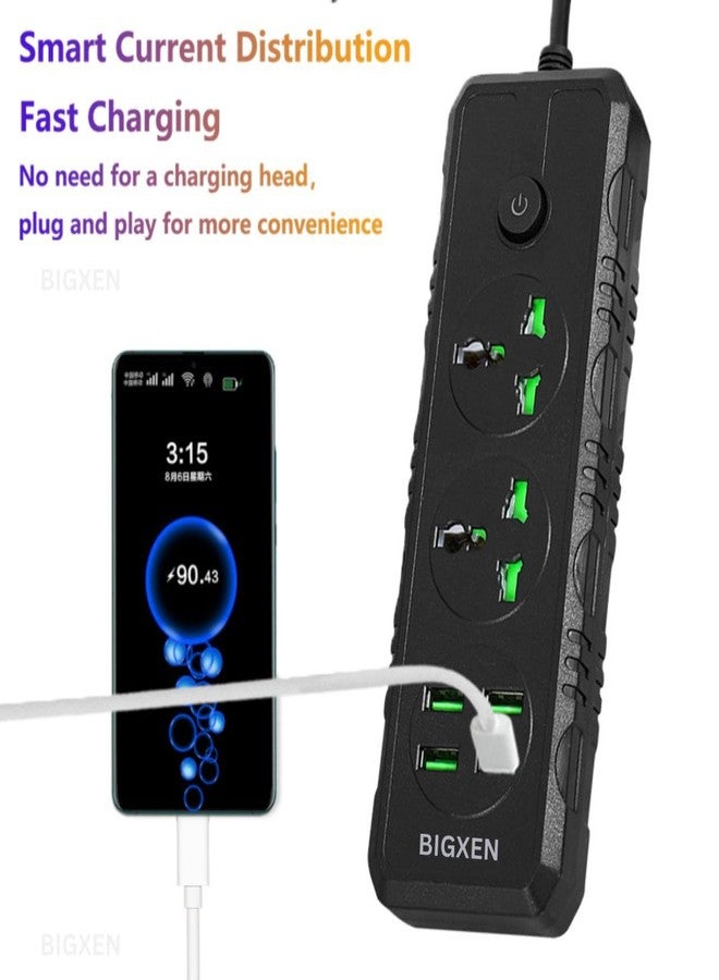 BIGXEN لوحة تمديد كهربائية عالمية من BIGXEN بقدرة 3000 واط مزودة بـ 3 منافذ طاقة و 4 منافذ USB | سلك بطول مترين | سلك مقاوم للحريق مع حماية من الحمل الزائد | للاستخدام المنزلي والمكتبي والسفر (B02) - Image 2