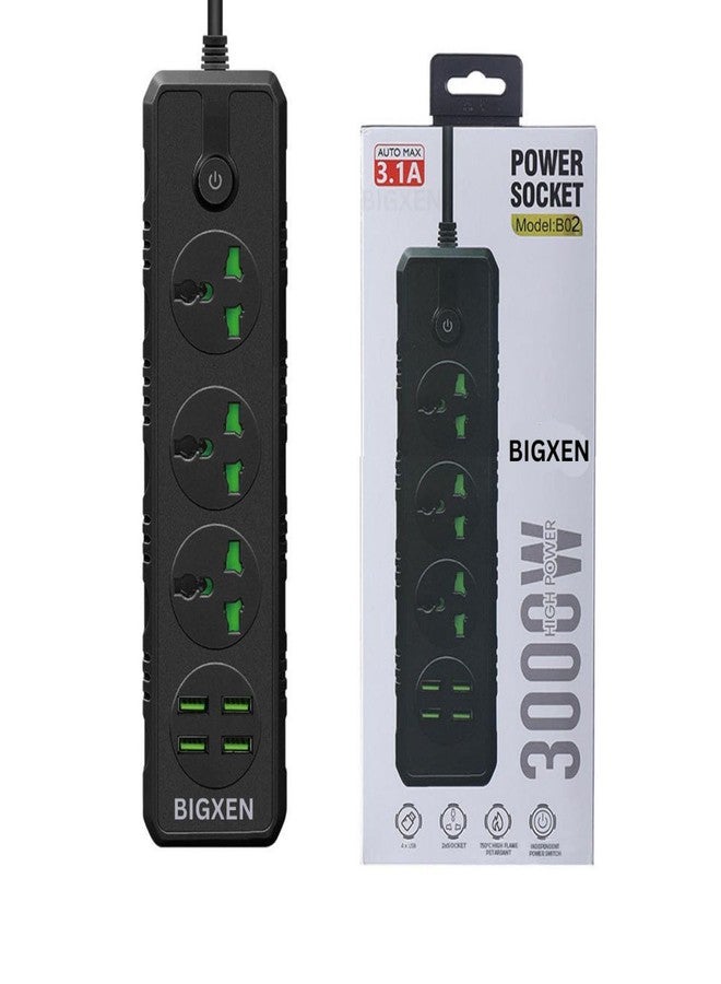 BIGXEN لوحة تمديد كهربائية عالمية من BIGXEN بقدرة 3000 واط مزودة بـ 3 منافذ طاقة و 4 منافذ USB | سلك بطول مترين | سلك مقاوم للحريق مع حماية من الحمل الزائد | للاستخدام المنزلي والمكتبي والسفر (B02) - Image 1