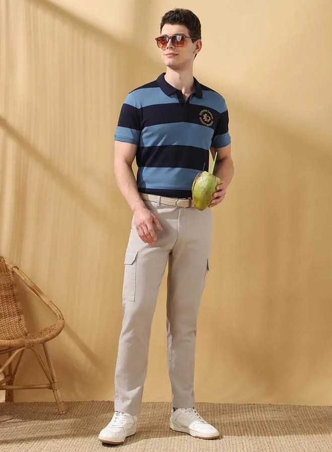 Men's Light Grey 100% Cotton Solid Pattern Full Length Cargo Straight Fit Trouser