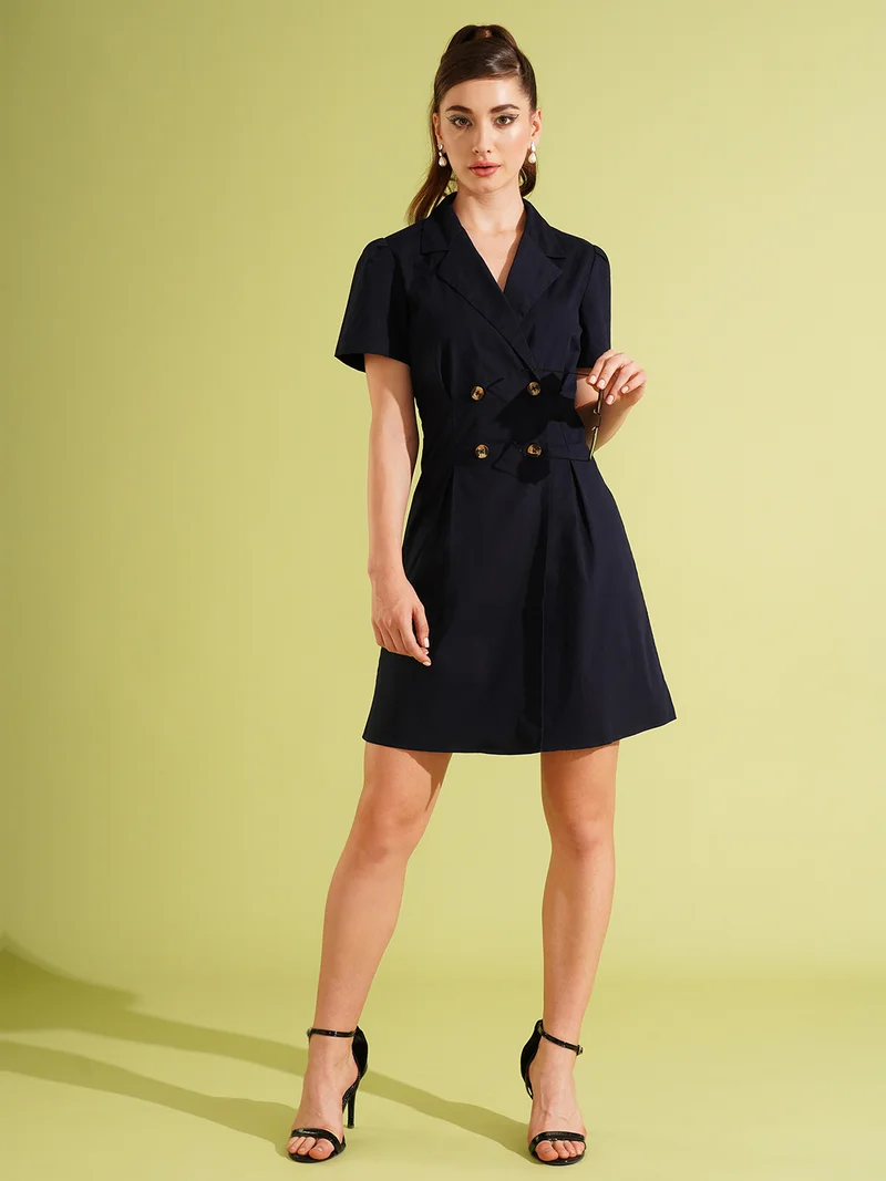 globus Globus Women Notched Lapel Double Breasted Ruched Back Mini Workwear Blazer Dress