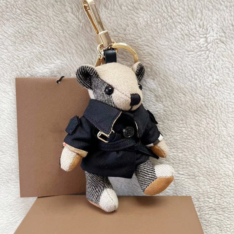 Handmade Cashmere Plaid Teddy Bear Keychain Black windbreaker bear 