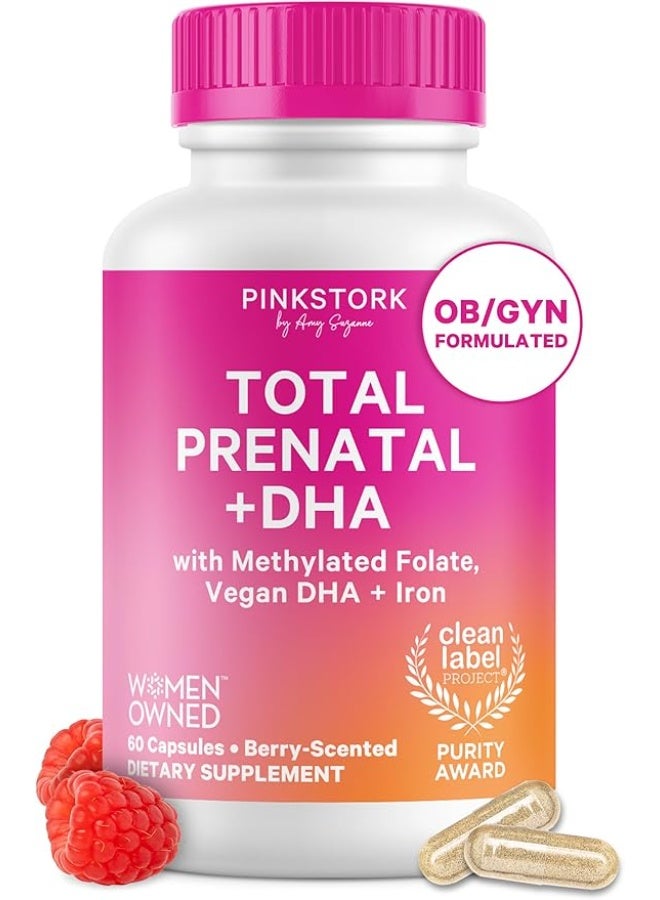 Total Prenatal Vitamins with DHA, Folate, Iron, Choline, and Vitamin B12 - Prenatals for Women to Support Fetal Development, Pregnancy Essentials, Berry Essence, 60 Capsules, 1 Month Supply | Clean Label Award, Support Fetal Development, Vegan DHA, Methylfolate, Iron, Choline, Vitamin B12, Pregnancy Essentials