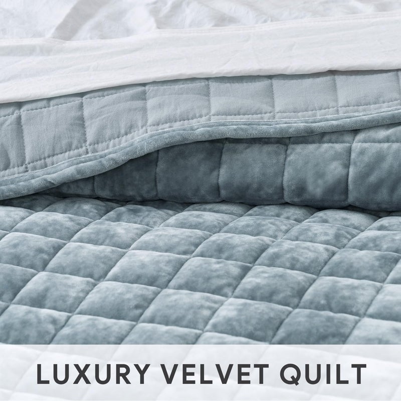 RECYCO Luxury Velvet Quilt Set, California King 118'' x 106'' Oversized Bedspread, Ultra Soft Velvet Comforter, Lightweight Box Stitch Bedding Sets for All Season, with 2 Shams, Blue Linen - Image 5