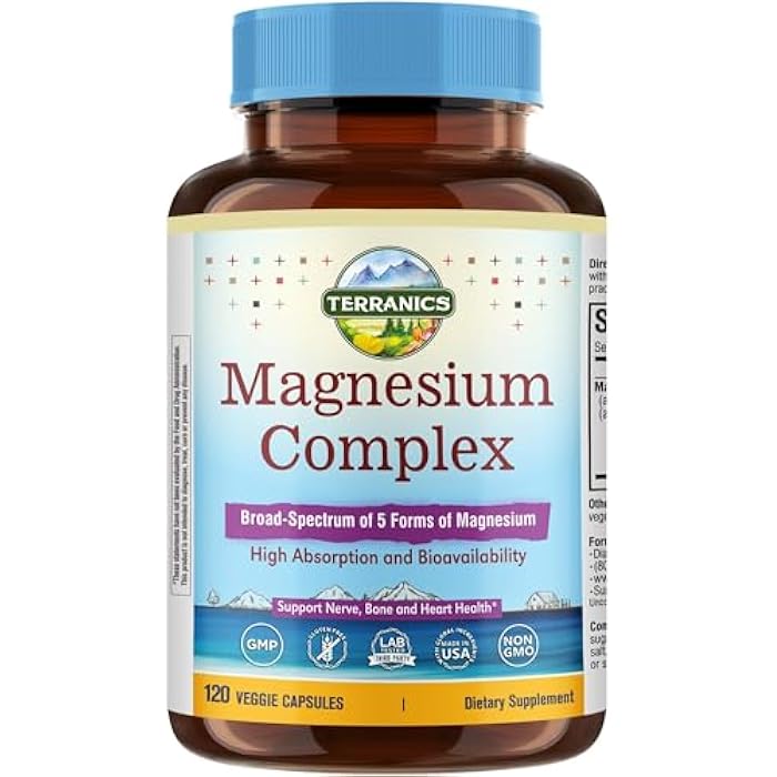 Terranics 5-in-1 Magnesium Complex Supplement 500mg - 5 Forms High Absorption Magnesium Glycinate Citrate Malate Aspartate Gluconate for Sleep Heart Health - Non-GMO 120 Vegan Capsules - Image 1