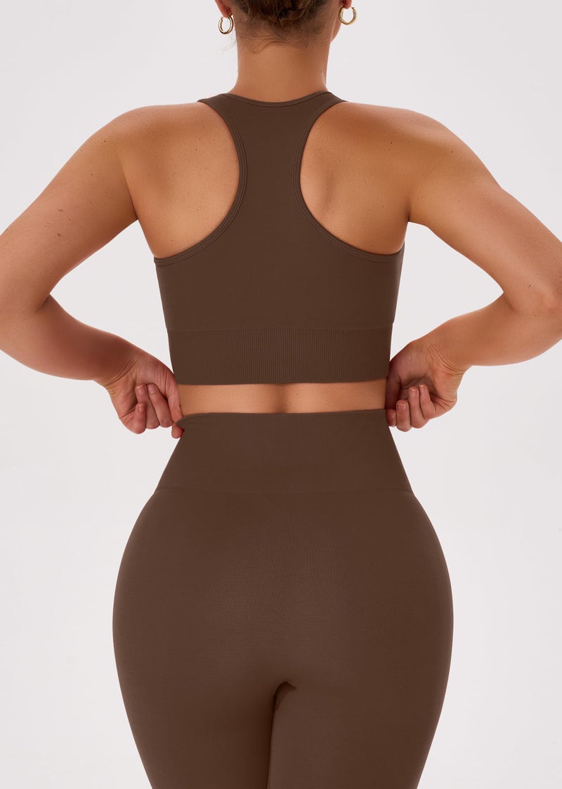 OLCHEE Womens Workout Sets 2 Piece - Acid Wash Seamless Yoga Outfits High Waist Leggings Padded Racerback Sports Bra Gym Set - Solid Brown Large - Image 5