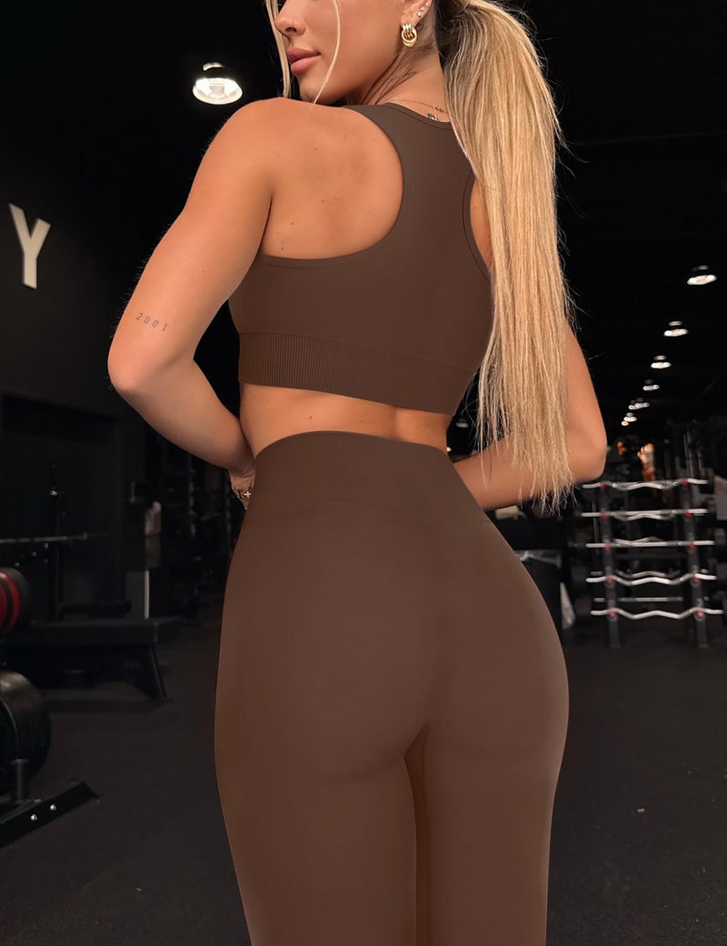 OLCHEE Womens Workout Sets 2 Piece - Acid Wash Seamless Yoga Outfits High Waist Leggings Padded Racerback Sports Bra Gym Set - Solid Brown Large - Image 3