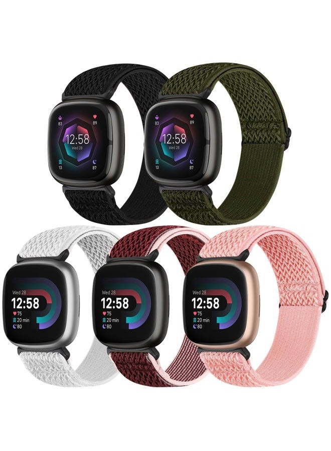 Bcuckood Compatible with Fitbit Versa 4/Versa 3/Sense 2/Sense Band Women Men, 5 Pack Elastic Nylon Soft Adjustable Stretchy Solo Loop Replacement Strap for Women Men - Image 1