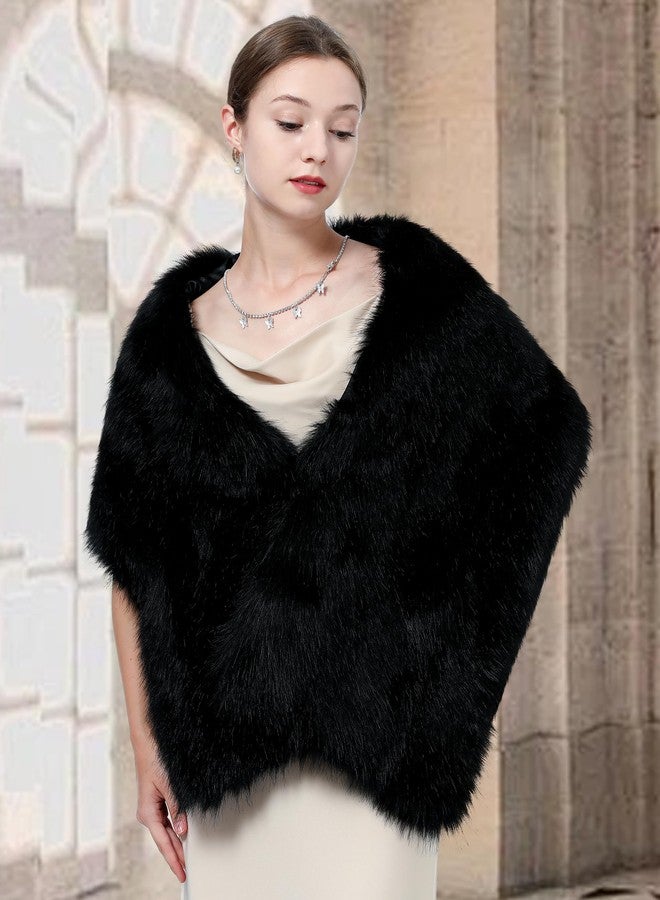 LA CARRIE Women Wedding Faux Fur Long Shawl Bridal Cape Party Stole Winter Scarf Soft Cover Up Shrug Gown Wrap, Black, One size - Image 5