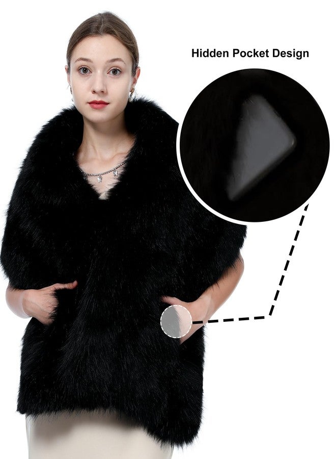 LA CARRIE Women Wedding Faux Fur Long Shawl Bridal Cape Party Stole Winter Scarf Soft Cover Up Shrug Gown Wrap, Black, One size - Image 2