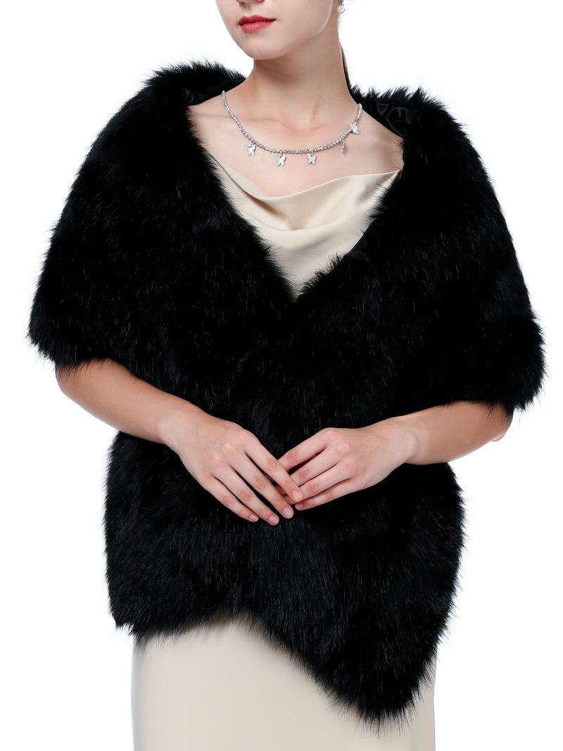 LA CARRIE Women Wedding Faux Fur Long Shawl Bridal Cape Party Stole Winter Scarf Soft Cover Up Shrug Gown Wrap, Black, One size - Image 1