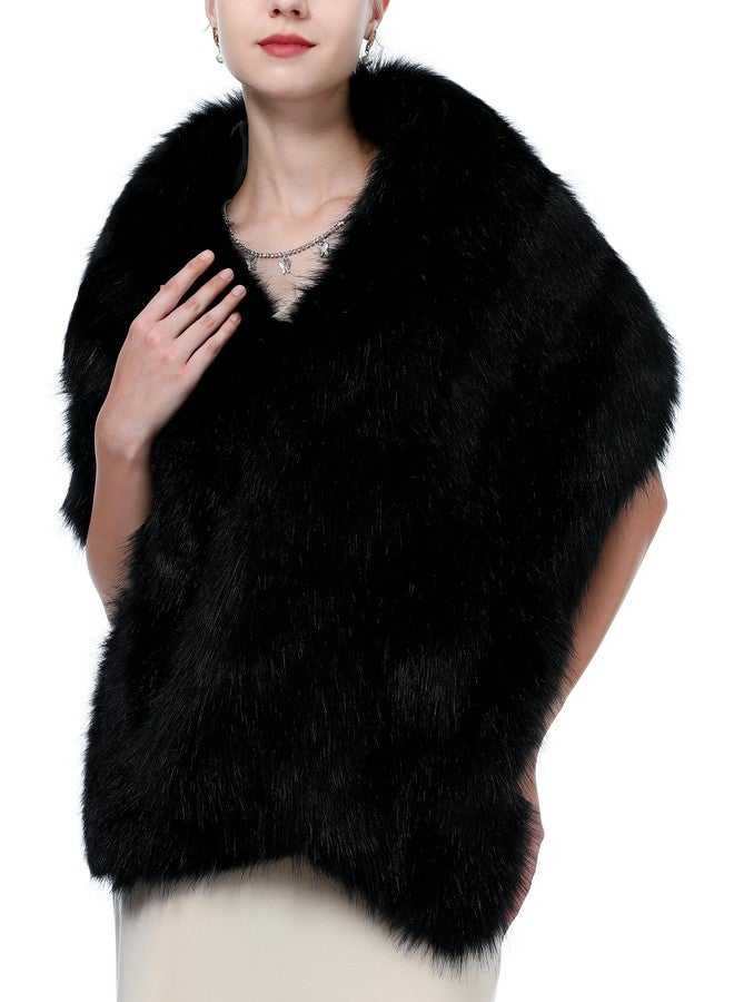 LA CARRIE Women Wedding Faux Fur Long Shawl Bridal Cape Party Stole Winter Scarf Soft Cover Up Shrug Gown Wrap, Black, One size - Image 4